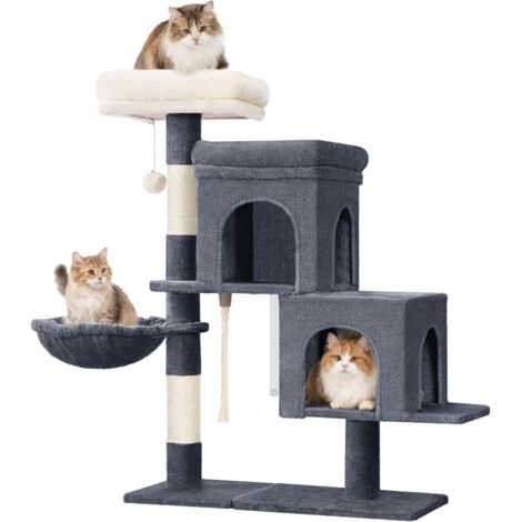 Arbre a Chat,95 cm, Spacieux et Stable, Fond Réglable, avec Grande Plateforme Souple, Pompons, Panier, Griffoir, Corde en Sisal, Gris Foncé
