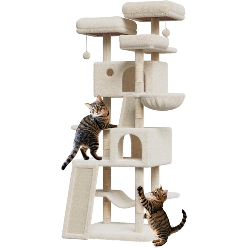 Arbre à Chat,avec Griffoir,Tour De Jeux-3 Poteaux à Griffer,2 Plateformes,2 Niches,2 Pompons,1 Hamac-avec Échelle-Beige