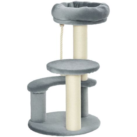 Arbre à chats 2 griffoirs grattoirs sisal naturel 3 plateformes corde à grimper dim. Ø 40 x 65H cm peluche haute densité 500 g/m² gris