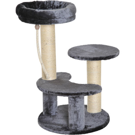 Arbre à chats 2 griffoirs grattoirs sisal naturel 3 plateformes corde à grimper dim. Ø 40 x 65H cm peluche haute densité 500 g/m² gris