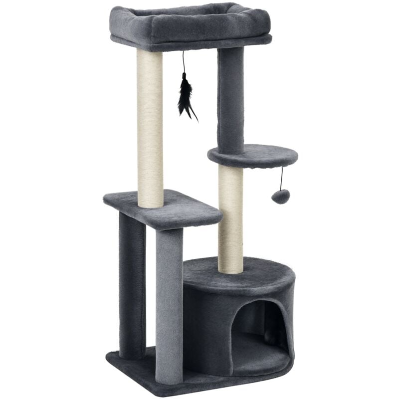 Arbre à chats avec griffoirs grattoirs sisal naturel centre d'activités niche plateformes 2 jouets suspendus gris