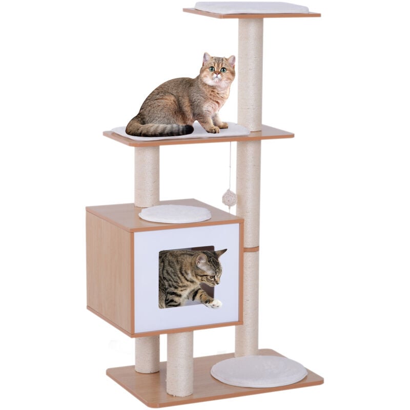 Arbre à chats design contemporain griffoirs grattoirs sisal naturel centre d'activités niche plate-formes jeu boules suspendues 71L x 49l x 120H cm