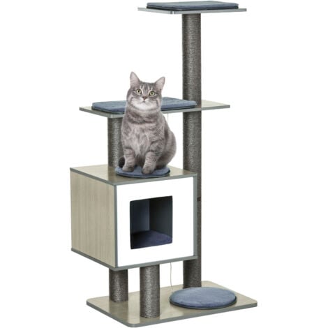 Arbre à chats design contemporain griffoirs grattoirs sisal naturel centre d'activités niche plate-formes jeu boules suspendues 71L x 49l x 120H cm MDF hêtre gris
