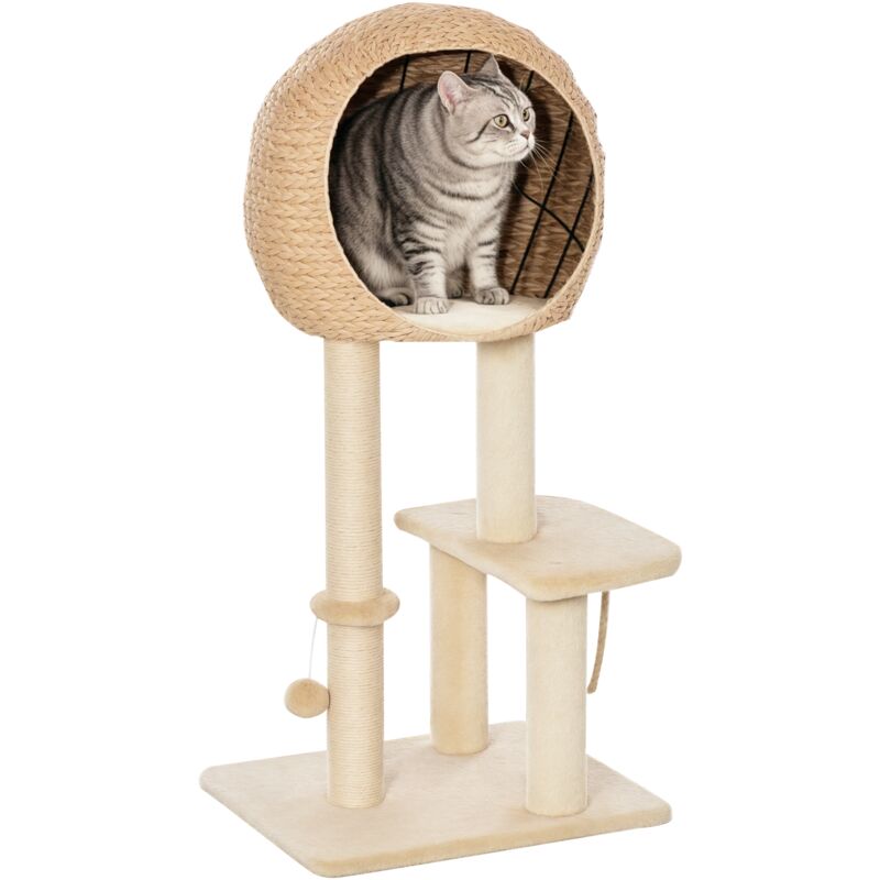 Arbre à chats style cosy chic griffoir sisal naturel grande niche plateformes jeu boule corde escalade peluche courte massette beige