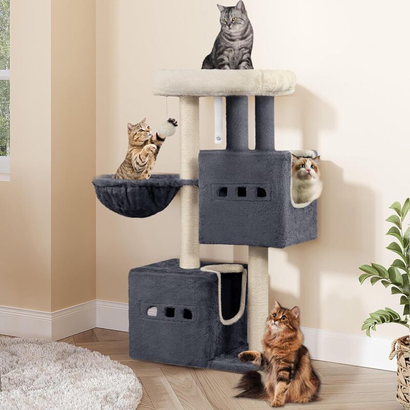 Arbre à chat 98 cm – 2 grottes 30 x 30 cm – 3 piliers en sisal – Base en bois épais – Tapis antidérapants pour sécurité