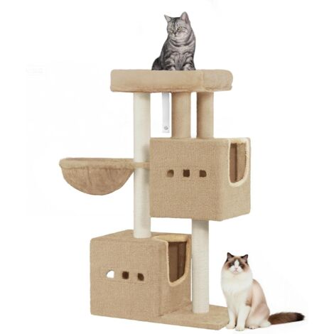 Arbre à Chat,Tour de Jeux 98 cm, Meubles de Maison pour Chats avec 2 Niches, Grande Plate-Forme, Sisal Griffoir, Hamac, Marron Camel