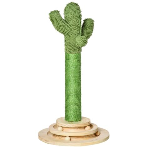 Arbre à grattoirs chat cactus, bois pin, sisal, jouets bois, hauteur 60 cm, vert/naturel.