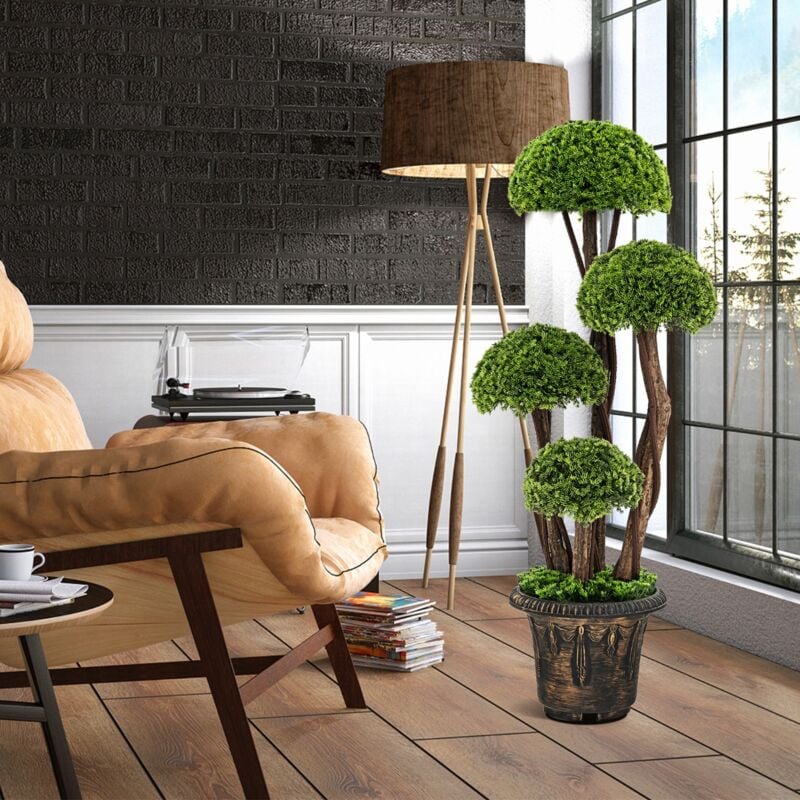 Arbre Artificiel Cèdre 90 cm 4 Boules Faux Cyprès Topiaire Tronc Rotin Pot Ciment CW52453