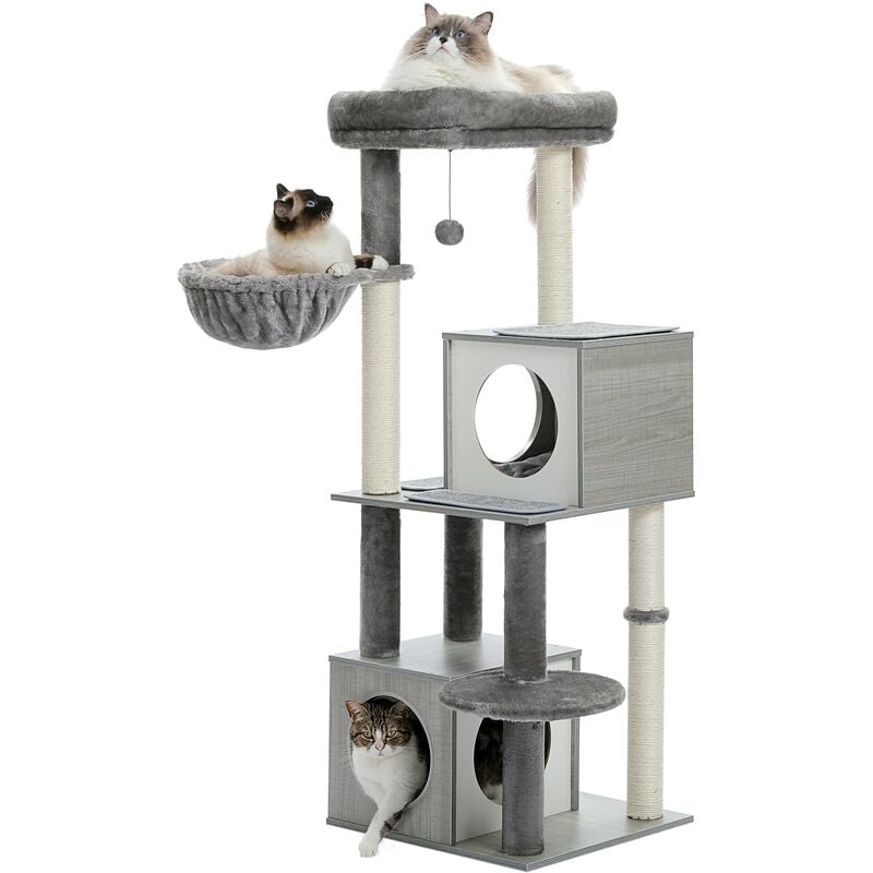 Arbre à Chat en Bois avec Double Condos, Coussin Spacieux Amovible, Poteaux Griffoir Sisal, 130cm, Gris - Pawz Road