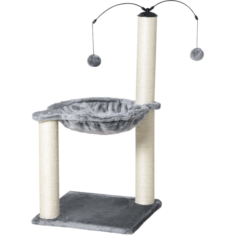 Arbre à chat 2 griffoirs grattoirs sisal naturel hamac jeu 2 boules suspendues peluche haute densité 400 g/m² gris