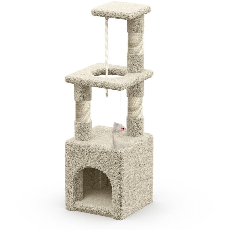 Arbre à chat 88cm avec corde, griffoir, niche et plateforme - Beige - Arbre à grimper pour chats