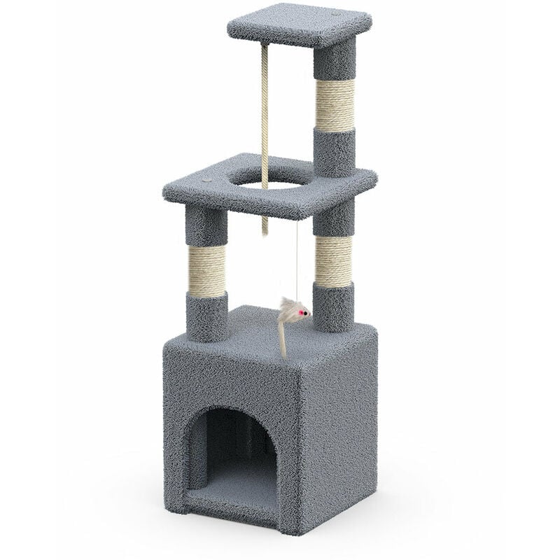 Arbre à chat 88cm avec corde, griffoir, niche et plateforme - Gris - Arbre à grimper pour chats
