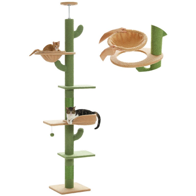 Arbre à Chat Cactus du Sol au Plafond, Hauteur Ajustable, Poteau Griffoir Sisal xl, Hamac Suspendu, 205-255cm - Pawz Road