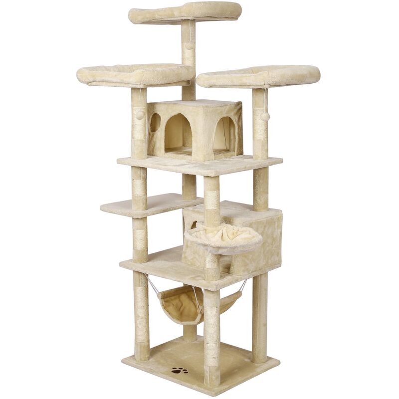 Arbre à chat Beige avec Motif de pattes 172cm Hamac Niche Maisonnette et Balles de jeu Ludique