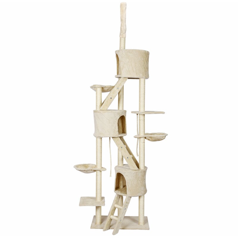 Arbre à chat beige avec Sisal 233-270cm Hauteur de plafond Arbre de grattage Hamacs et Maisonnettes