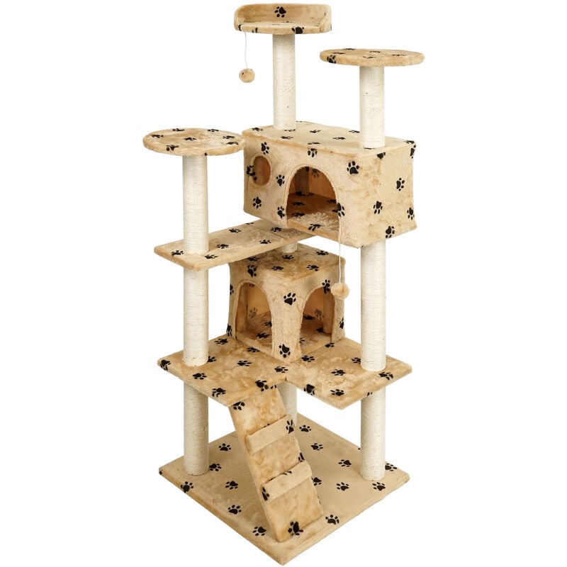 Wiltec - Arbre à chat beige à dessins de pattes 130cm Arbre d'escalade Arbre de grattage Jeu Chats