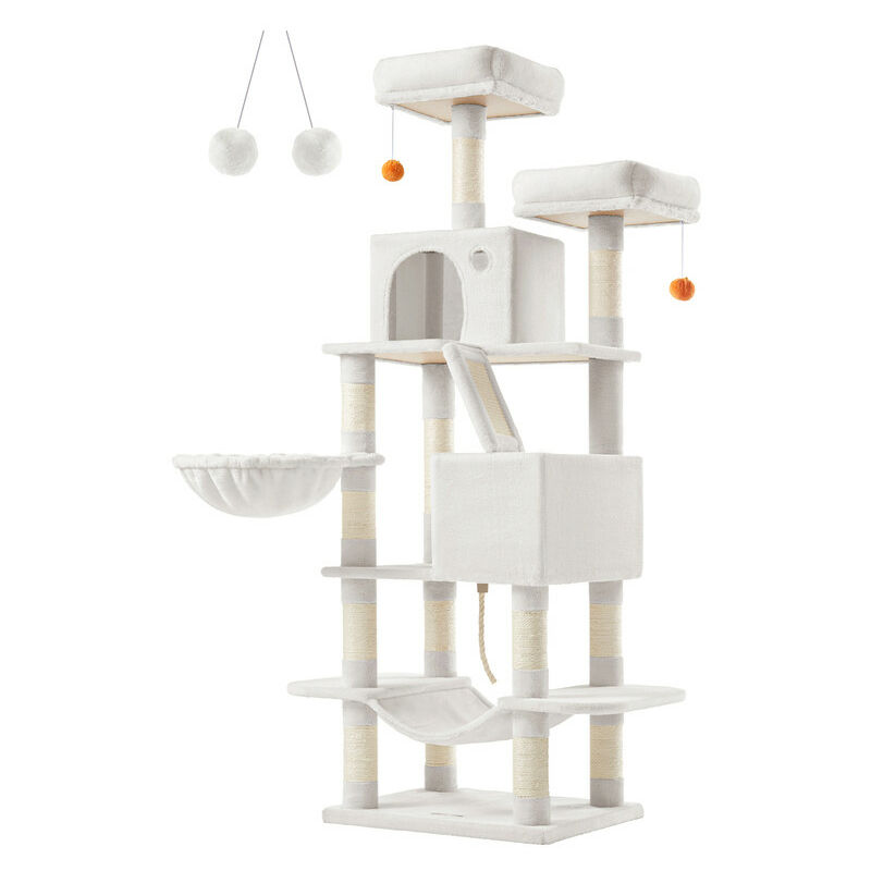 Feandrea - Arbre à Chat, Hauteur 168 cm, avec 13 Griffoirs, 2 Plate-forme, 2 Niches, Panier, Hamac, Pompon, Tissu Peluche, Multi-niveaux pour Chat Feandrea - Arbre à Chat, Hauteur 168 cm, avec 13 Griffoirs, 2 Plate-forme, 2 Niches, Panier, Hamac, Pompon, Tissu Peluche, Multi-niveaux pour Chat