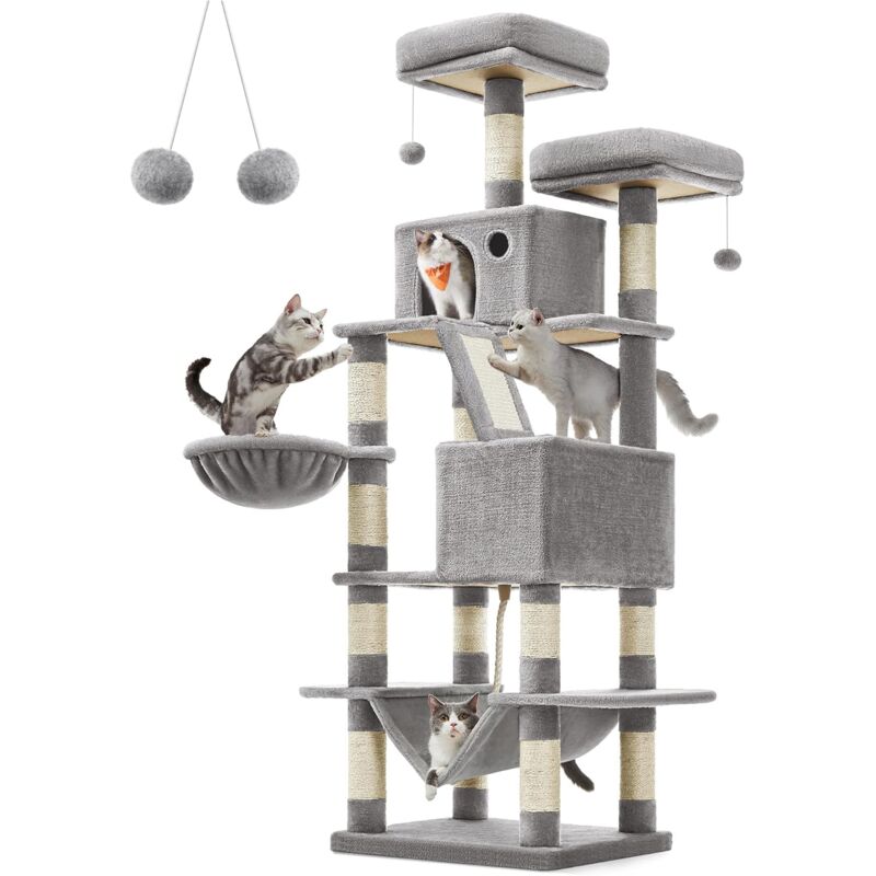 Songmics - Arbre à Chat, Hauteur 168 cm, avec 13 Griffoirs, 2 Plate-forme, 2 Niches, Panier, Hamac, Pompon, Tissu Peluche, Multi-niveaux pour Chat