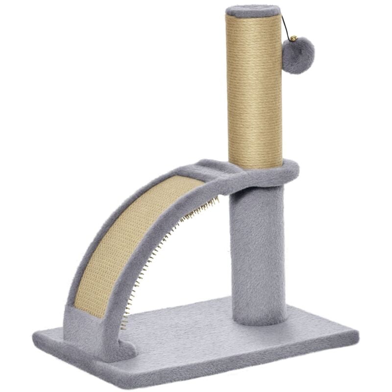 Arbre à chat griffoir grattoir design jeu boule suspendue + demi-arc de massage peluche jute naturelle gris