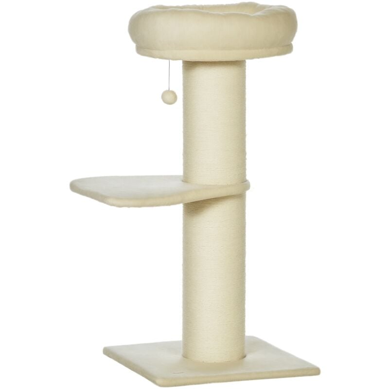 Arbre à chat griffoir sisal naturel 2 plateforme panier observation jeu boule suspendue peluche beige