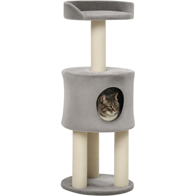 Arbre à chat griffoirs sisal naturel arbre à grimper H.103 cm niche plateforme d'observation peluche grise