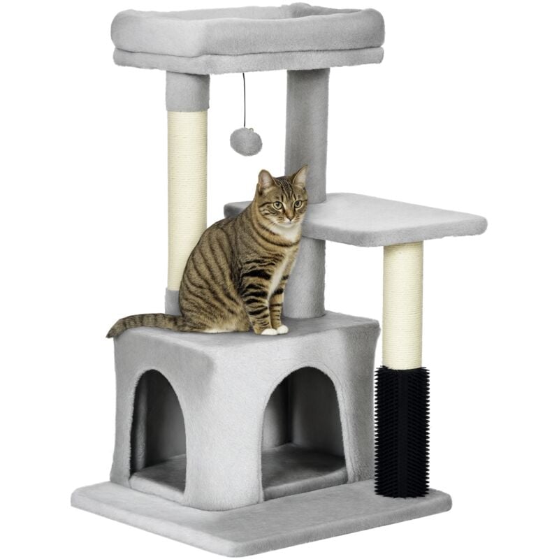 Arbre à chat griffoirs sisal naturel et massant grande niche plateforme panier jeu boule suspendue peluche gris