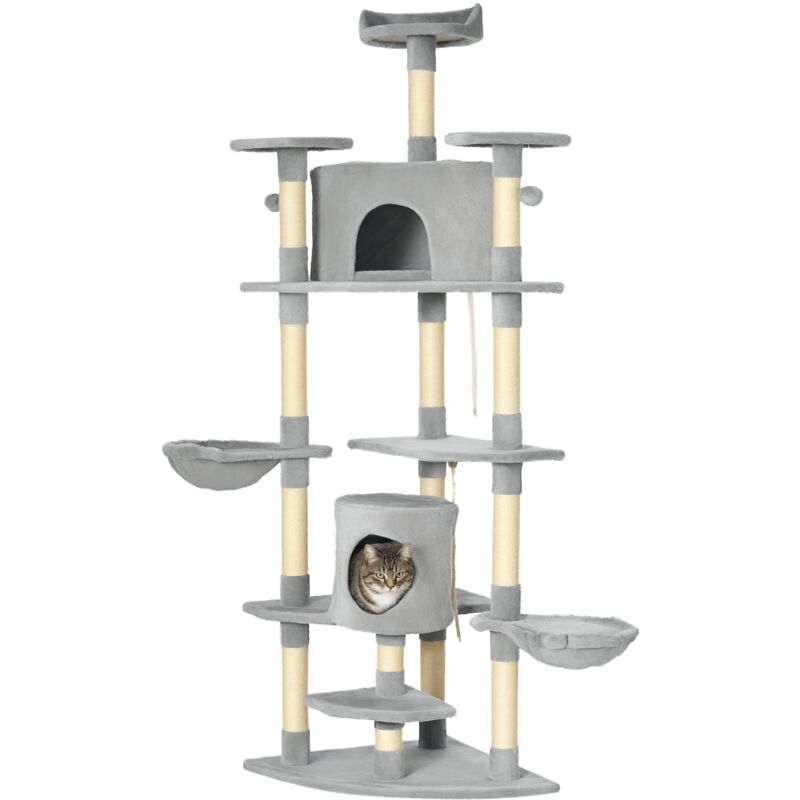 Arbre à chat multi-équipement griffoirs 2 niches 2 hamacs plateformes boules suspendues corde peluche grise