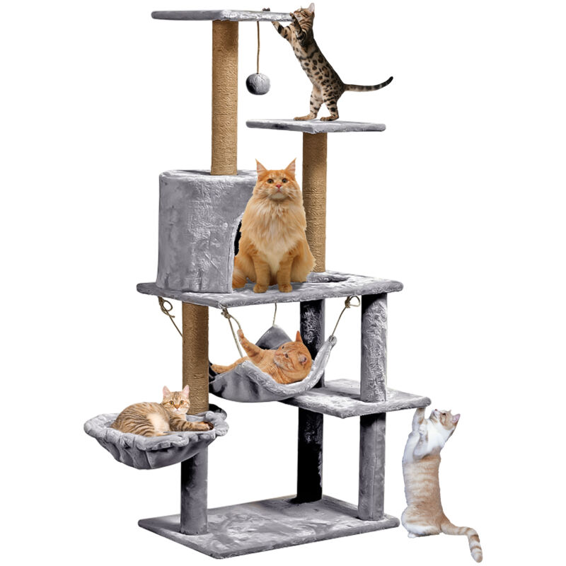 Arbre à Chat Sdlogal Hauteur 130 cm Tour de Jeux avec Grand Plate-Forme, poteau à gratter, panier, grotte, Gris