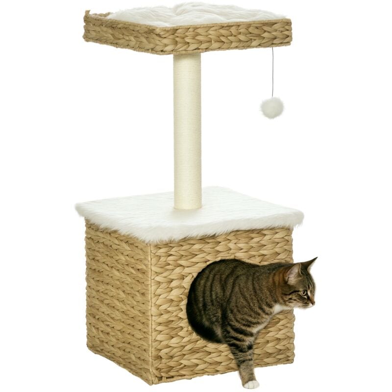 Arbre à chat style cosy chic griffoir sisal niche plateforme d'observation boule jacinthe d'eau peluche aspect fourrure