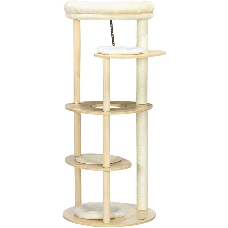 Arbre à chat style nordique griffoir sisal naturel 4 plateformes coussins panier d'observation amovible bois pin panneaux bois clair