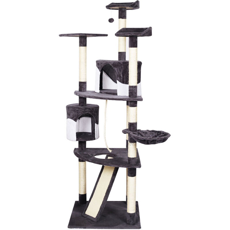 Arbre à chats gris/blanc avec Sisal 198cm Arbre de grattage avec Planche de grattage, Hamac, Cabanes