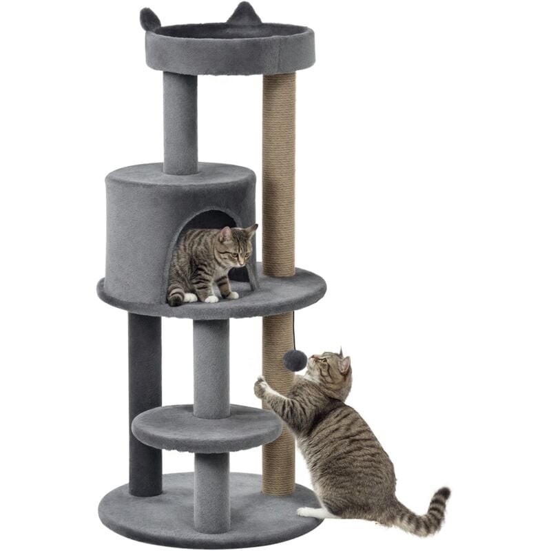 Arbre à chats multi-équipements griffoirs grattoirs plateformes niche jeu boule suspendue ø 48 x 104H cm gris