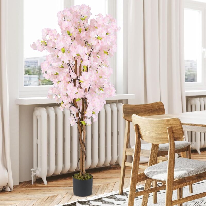 Costway - Arbre de Cerisier Artificiel de 150 cm de Haut, Fausse Fleur dans un Pot de Pépinière avec Fleurs Roses, pour Maison, Bureau (2 Pcs)