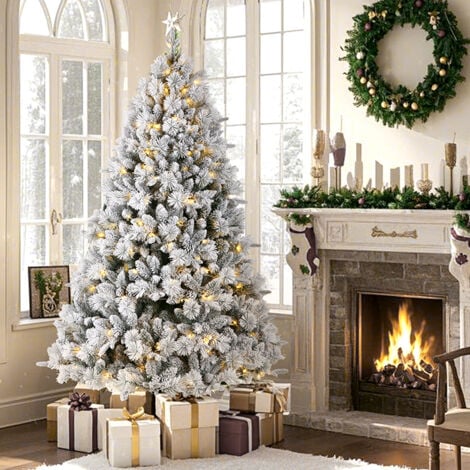SINAOPUS Arbre de noël artificiel neige blanche 180CM, avec 320LED blanc chaud, 1100pointes, PVC + PE, support métallique, fête