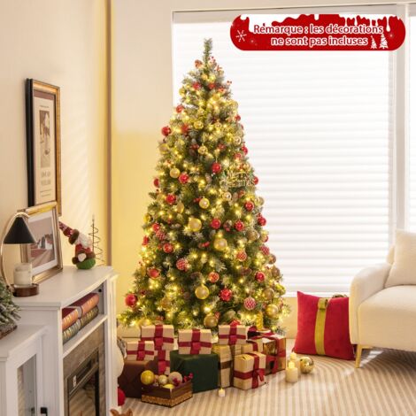 Arbre de Noël Artificiel Pré-Éclairé 195CM Charnière Pré-Décoré 909 Pointes 420 Lumières Led 8 Modes Pommes de Pin Baies Rouges CW87296
