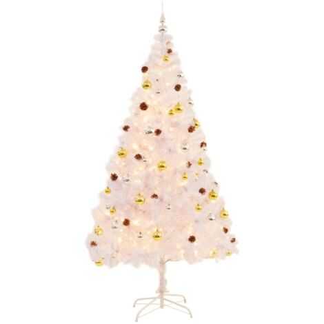 Arbre de Noël  Sapin de Noël artificiel pré-éclairé avec boules blanc 210 cm