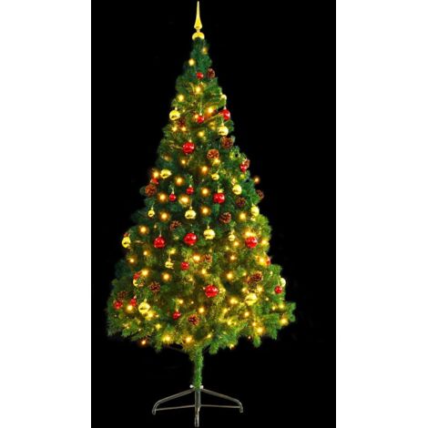 Arbre de Noël  Sapin de Noël artificiel pré-éclairé avec boules vert 210 cm