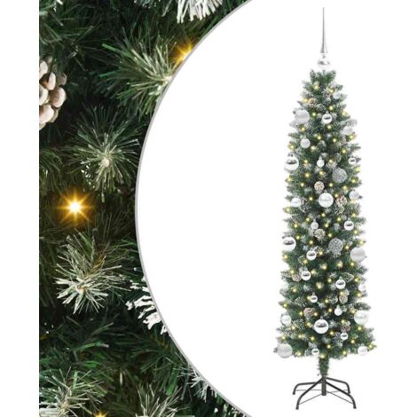 Arbre de Noël，Sapin de Noël artificiel slim avec 150 LED Vert et blanc 150 cm CFW15816