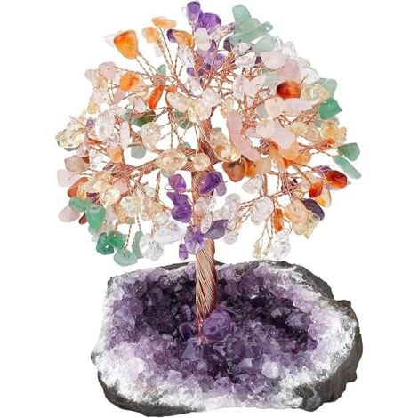 LINGHHANG Arbre de Vie en 7 Chakra Cristaux Naturels Fengshui Arbre Décoration avec Base Améthyste de Pierre Reiki Ornement Décoratif de la Table, Méditation Décoration