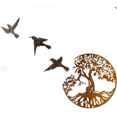 Arbre de vie et oiseau métallisé noir fer Art décoration murale intérieur et extérieur pendentif（brun，2828cm）