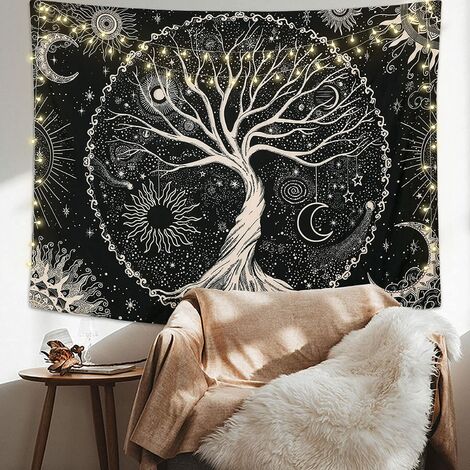 Arbre de Vie Tapisserie Lune et Soleil Noir Tenture Murale Tapisserie Psychédélique Mandala Étoilé Tapisserie Murale Hippie Décoration Murale pour Chambre Dortoir Fête (175x230cm)