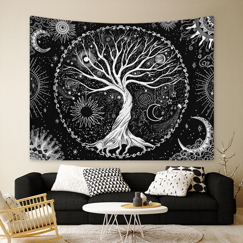 Arbre de Vie Tapisserie Lune et Soleil Noir Tenture Psychédélique Mandala Étoilé Hippie Décoration Murale pour Chambre Dortoir Fête (150x200cm)