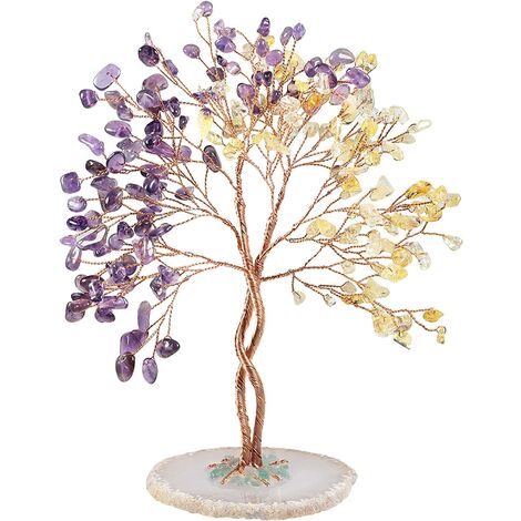 Arbre en cristal d'aventurine verte et d'aigue-marine fait à la main avec base en tranche d'agate, arbre de vie Bonsai Money pour la richesse et la chance, décoration d'intérieur Feng Shui-jaune et violet