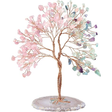 Arbre en cristal d'aventurine verte et d'aigue-marine fait à la main avec base en tranche d'agate, arbre de vie Bonsai Money pour la richesse et la chance, décoration d'intérieur Feng Shui-rose et coloré