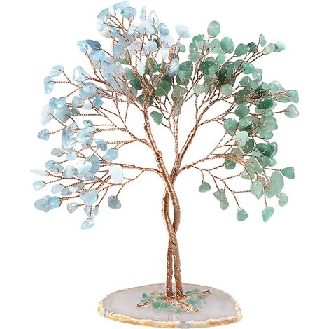 Arbre en cristal d'aventurine verte et d'aigue-marine fait à la main avec base en tranche d'agate, arbre de vie Bonsai Money pour la richesse et la chance, décoration d'intérieur Feng Shui-vert et bleu