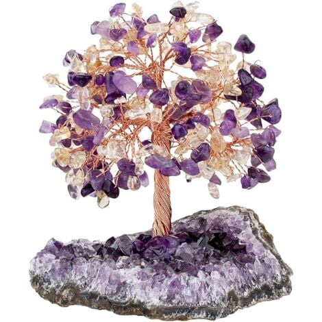 LINGHHANG Arbre en Cristal de Reiki sur Base de Pièce Brute d'Améthyste Naturelle, Arbre d'argent en Pierre, Ornement Feng Shui, Décoration de la Maison pour la Chance, la Richesse