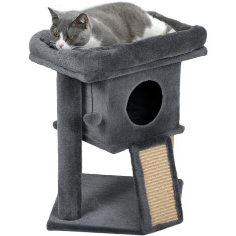 Arbre gratter petits chats 57 cm avec rampe gratter, lit grotte balle suspendue, 40x40x57 cm, gris foncé