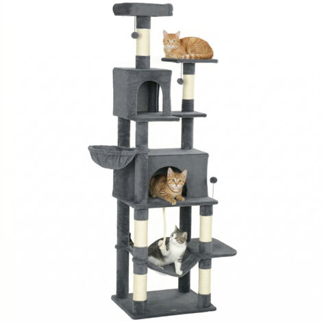 Arbre griffant pour chats avec rampe de tour plate-forme pour chats avec lit de grottes Poteaux en sisal 60x48x202 cm Gris