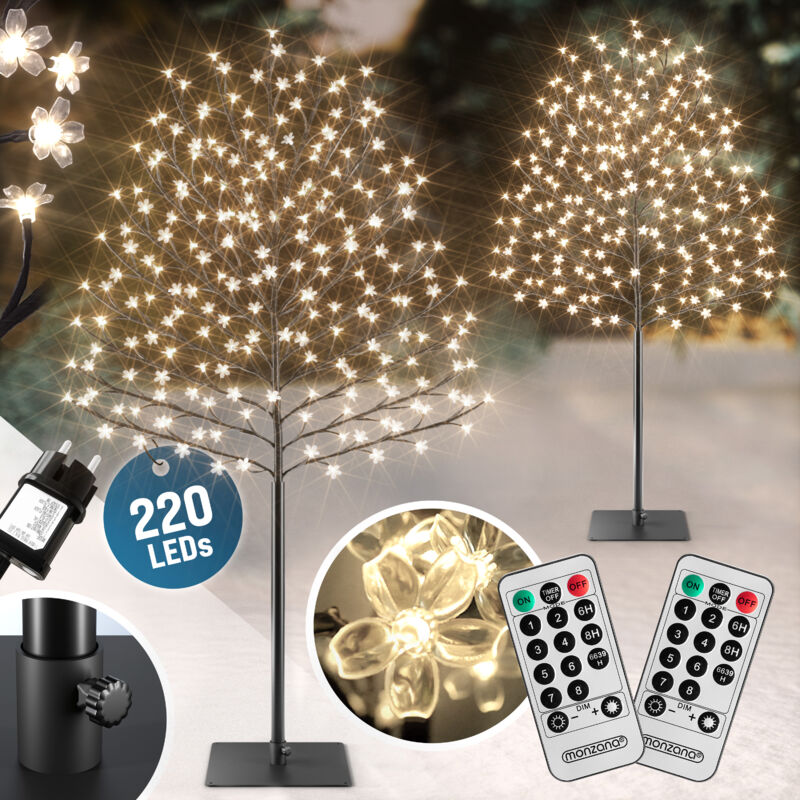 Arbre lumineux led avec minuterie 8 modes de lumière résistant aux intempéries décoration Noël lampe cerisier Set de 2 de 220cm - 220 LEDs - Monzana