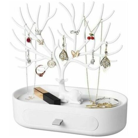 Arbre Pr¨sentoir ¨¤ Bijoux, Support Arbre Bijoux en Plastique avec Tiroirs, Porte Bijoux pour Boucles d'Oreilles, Colliers, Bracelets, Montres et Bagues (Blanc)